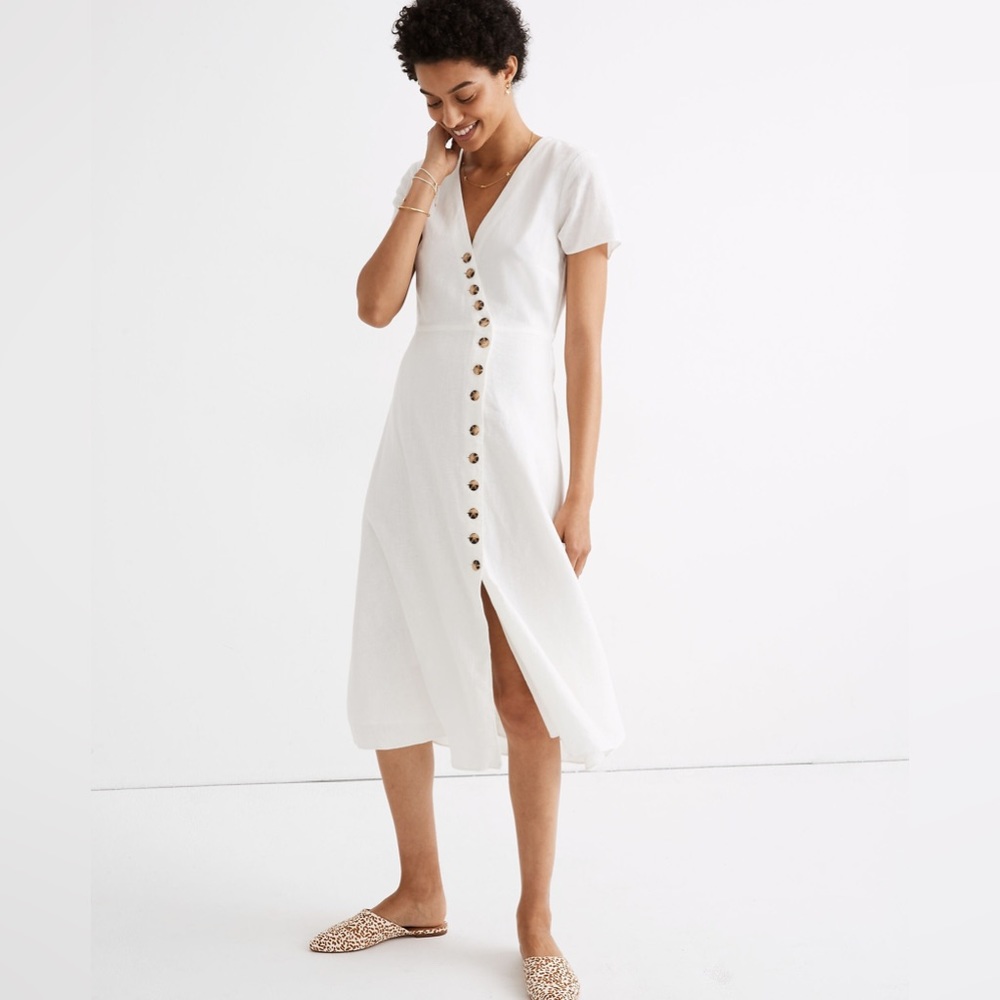 Madewell Linen-Blend Button-Wrap Midi Dress